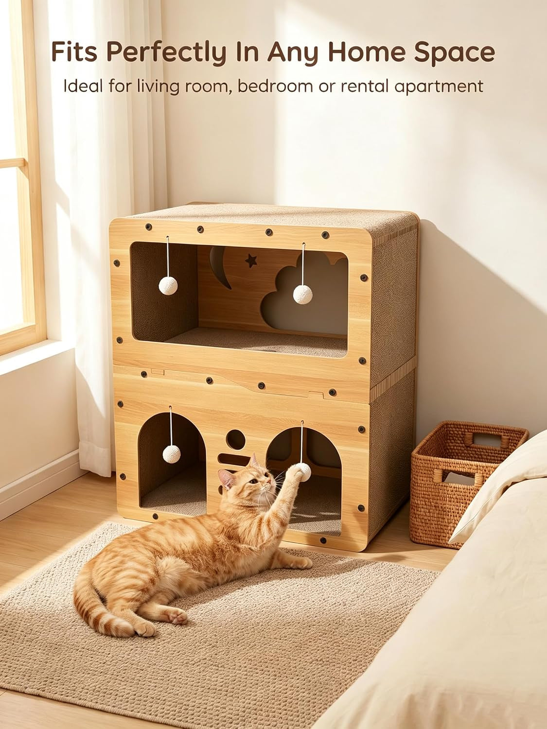 2-Floor Cat Scratcher House，Scratching Board, Hanging Ball Toy, Large Space Cat Bed Furniture for Multi Cats，Durable Board Entertain Feline Friends Prevent Furniture Damage