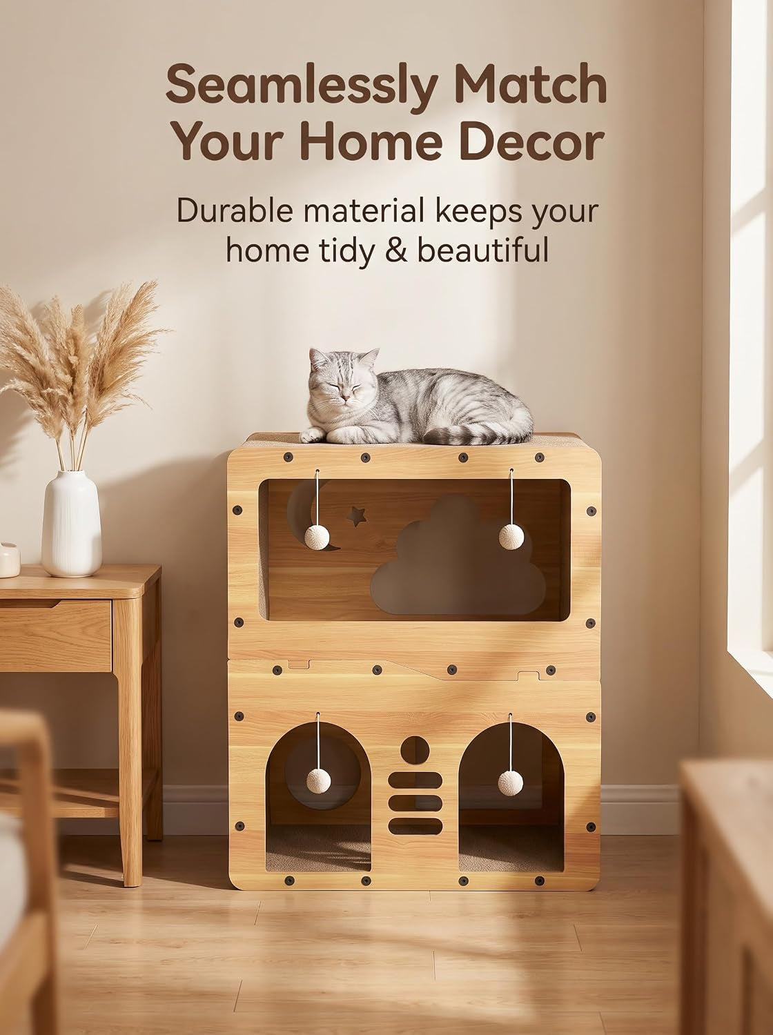2-Floor Cat Scratcher House，Scratching Board, Hanging Ball Toy, Large Space Cat Bed Furniture for Multi Cats，Durable Board Entertain Feline Friends Prevent Furniture Damage