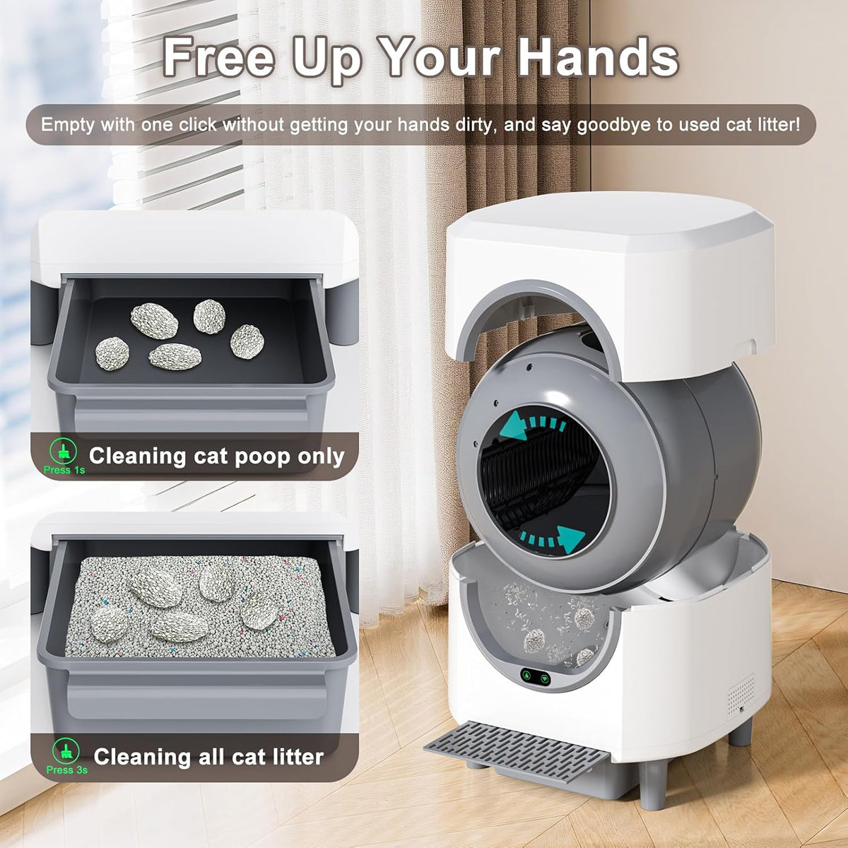 Automatic Cat Litter Tray Self-Cleaning Litter Box Hooded , 90L