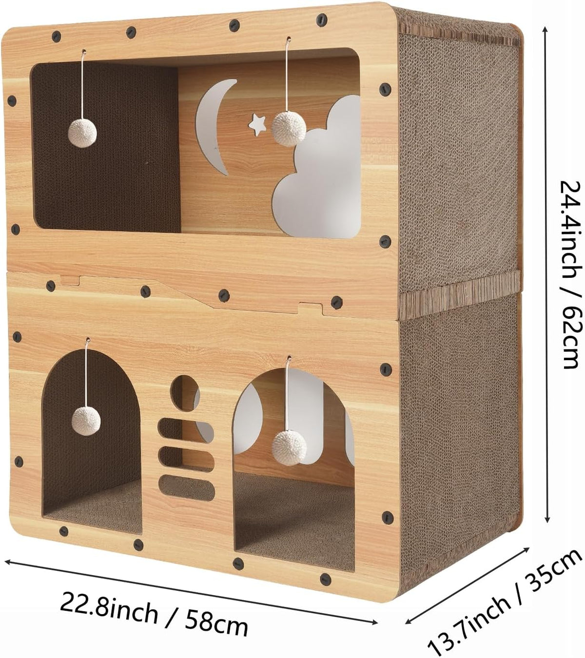 2-Floor Cat Scratcher House，Scratching Board, Hanging Ball Toy, Large Space Cat Bed Furniture for Multi Cats，Durable Board Entertain Feline Friends Prevent Furniture Damage