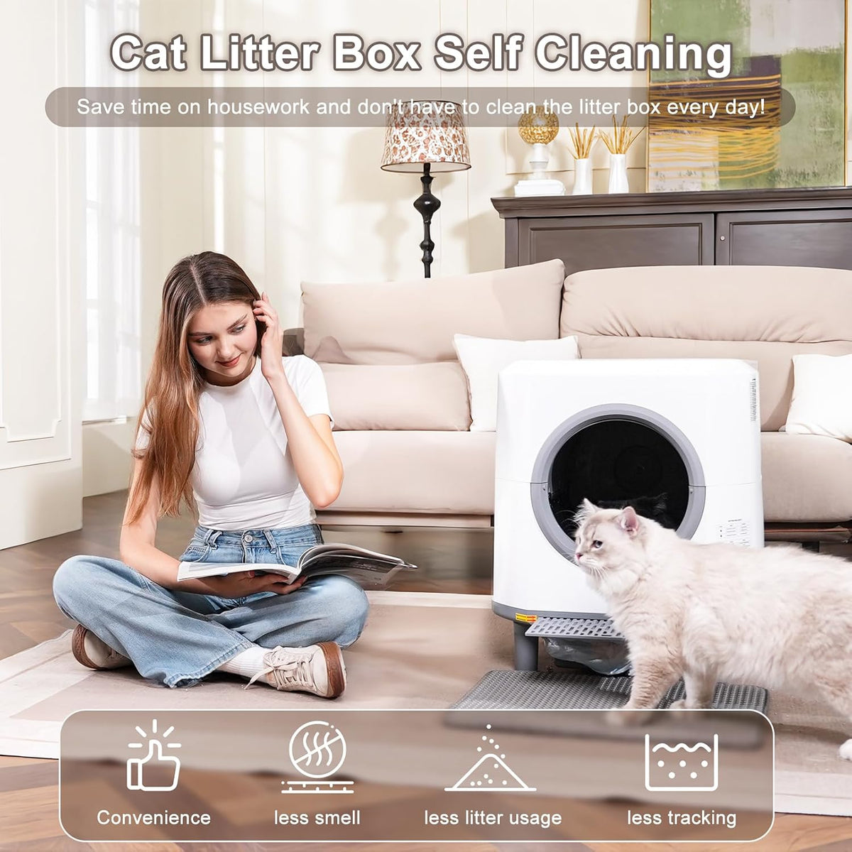 Automatic Cat Litter Tray Self-Cleaning Litter Box Hooded , 90L