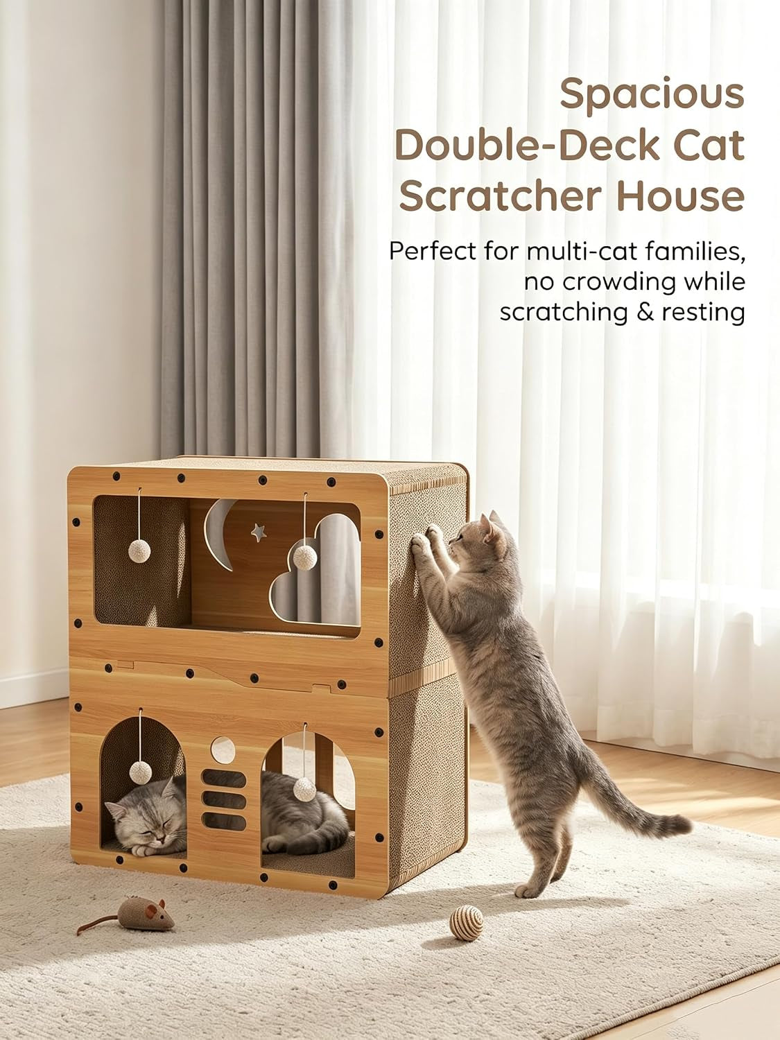 2-Floor Cat Scratcher House，Scratching Board, Hanging Ball Toy, Large Space Cat Bed Furniture for Multi Cats，Durable Board Entertain Feline Friends Prevent Furniture Damage