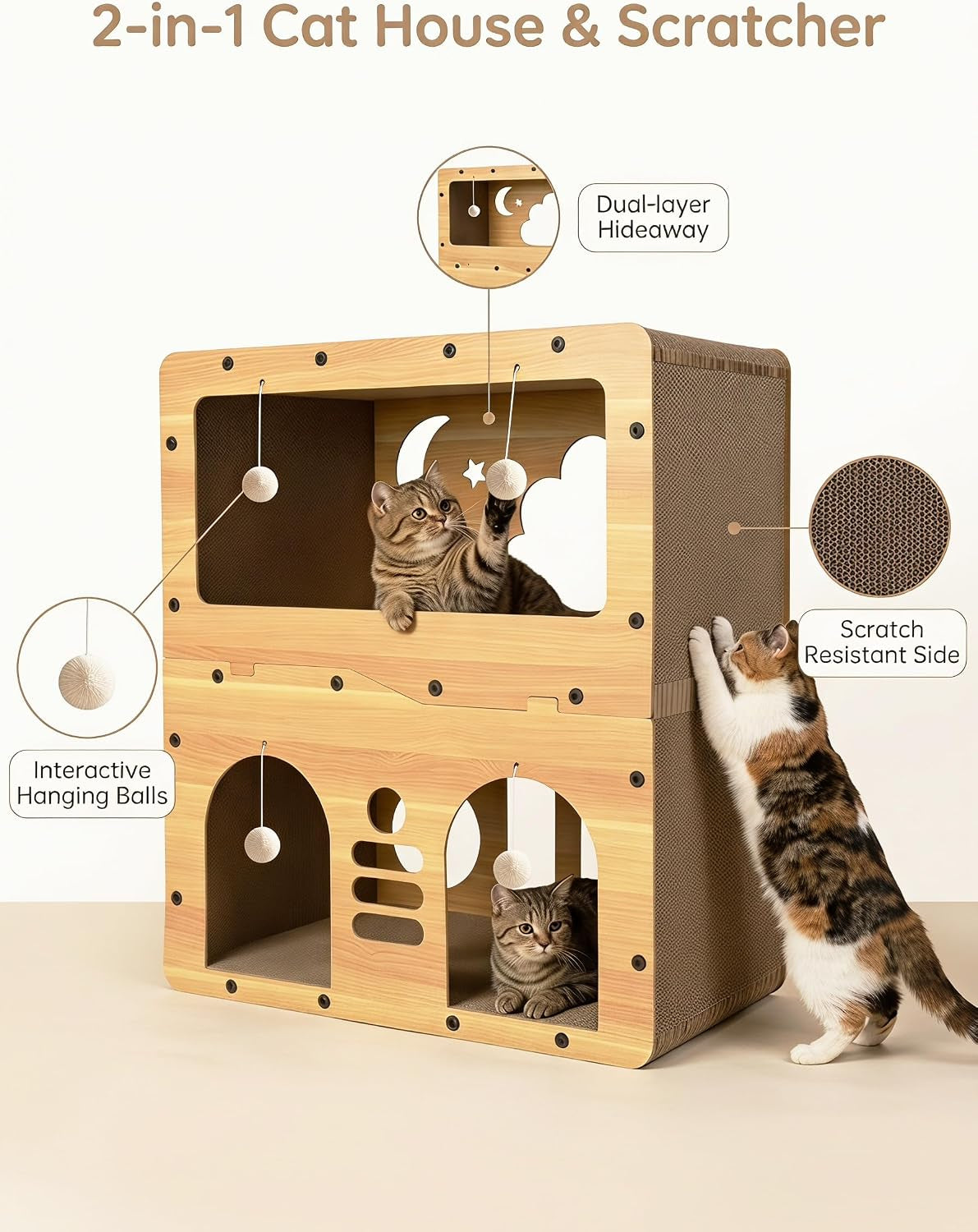 2-Floor Cat Scratcher House，Scratching Board, Hanging Ball Toy, Large Space Cat Bed Furniture for Multi Cats，Durable Board Entertain Feline Friends Prevent Furniture Damage