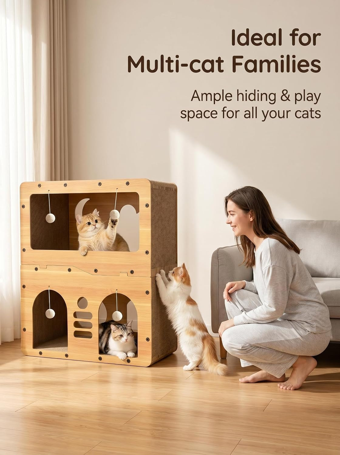 2-Floor Cat Scratcher House，Scratching Board, Hanging Ball Toy, Large Space Cat Bed Furniture for Multi Cats，Durable Board Entertain Feline Friends Prevent Furniture Damage