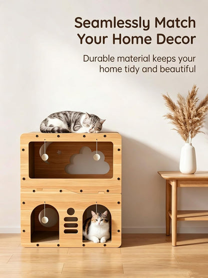 2-Floor Cat Scratcher House，Scratching Board, Hanging Ball Toy, Large Space Cat Bed Furniture for Multi Cats，Durable Board Entertain Feline Friends Prevent Furniture Damage